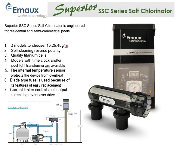 Emaux Superior SSC Series Salt Chlorinator - 25g Emaux Superior SSC Series Salt Chlorinator - 25g
